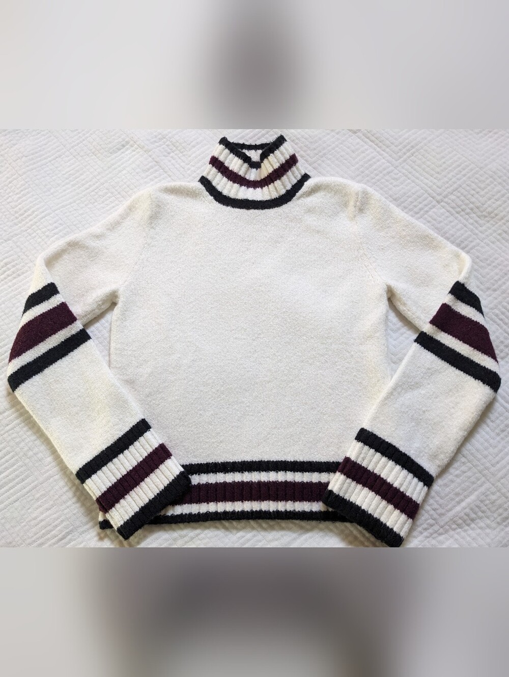 Madewell Ribbed-Trim Wool Blend Mockneck Sweater Jet Black Stripe Size M Cozy